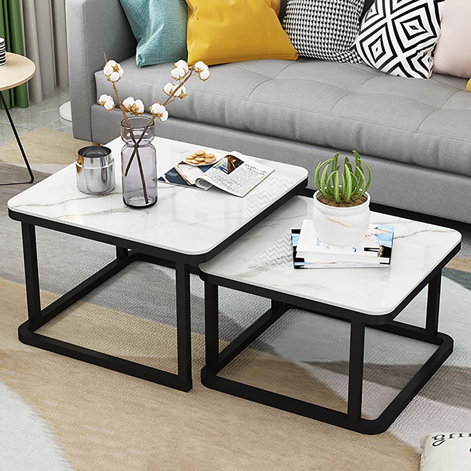 Table basse gigogne verre trempé effet marbre anti-rayure petit salon table d'appoint 70cm