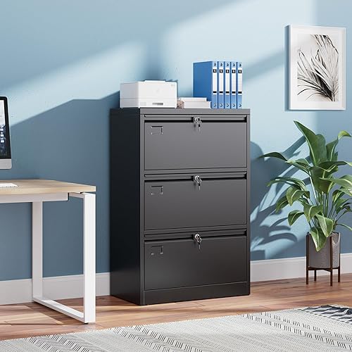 Miniatura 2 de Archivador lateral de 3 cajones, archivadores laterales de metal con cerradura, archivador lateral de acero de tamaño legal para oficina y hogar