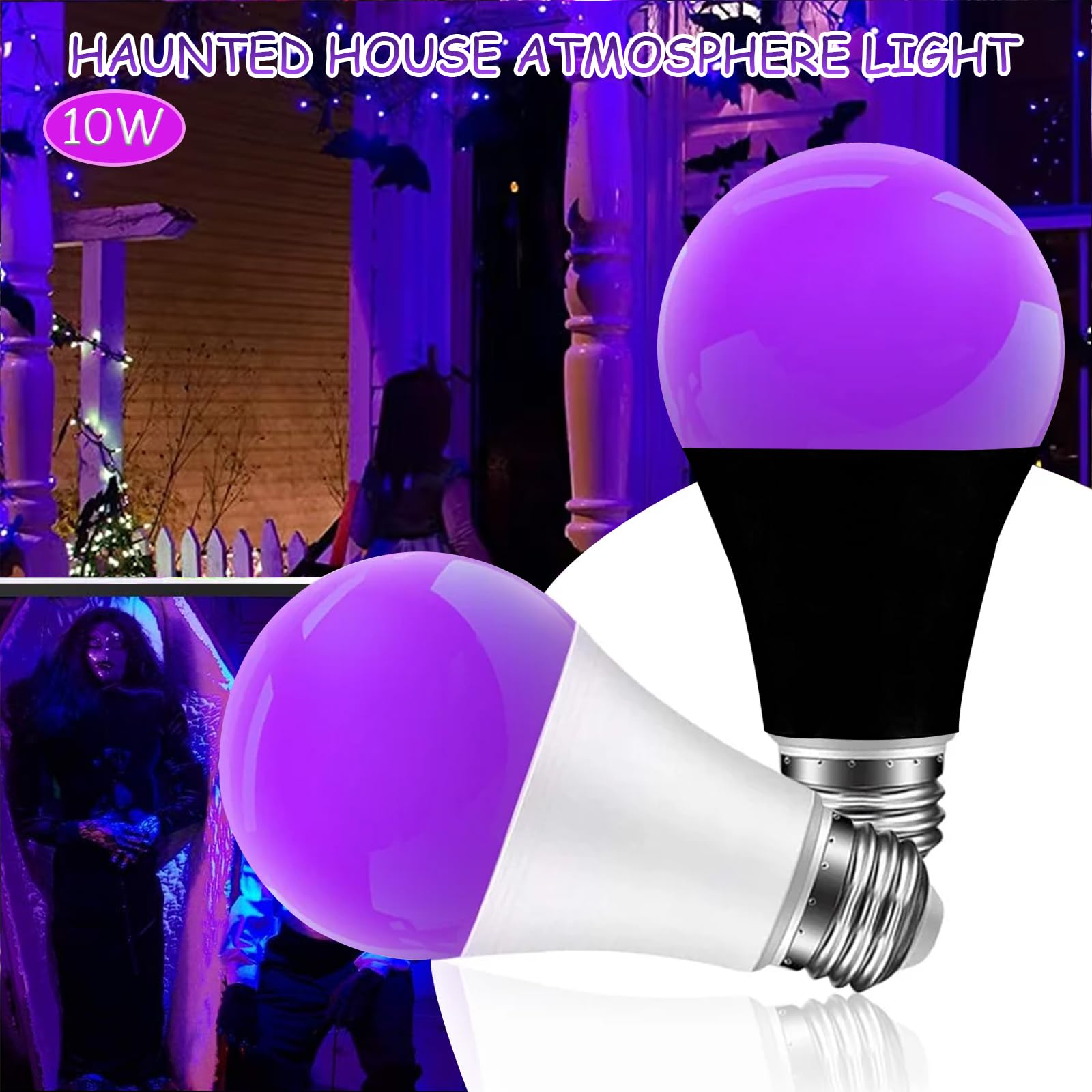 Żarówka UV z czarnym światłem, E27, 10 W, czarna żarówka, 385-400 nm UVA, oświetlenie UV na imprezę Halloween, do piwnicy, dyskoteki, klubu (2 sztuki białe)