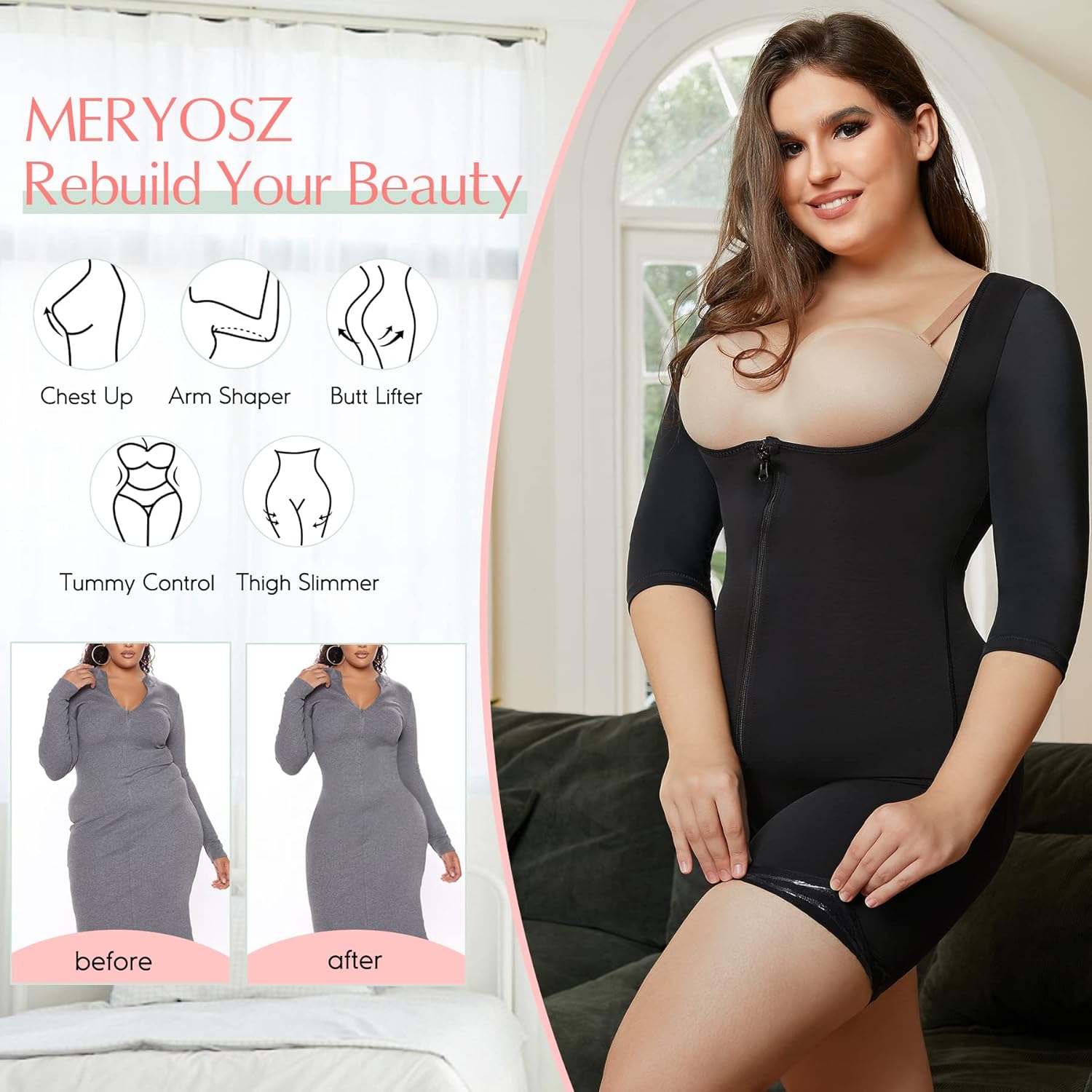 MERYOSZ Full Body Waist Trainer for Women Zipper Tummy Control Bodysuit Upper Arm Shaper Open Bust Slimmer Corset Shapewear - Image 3