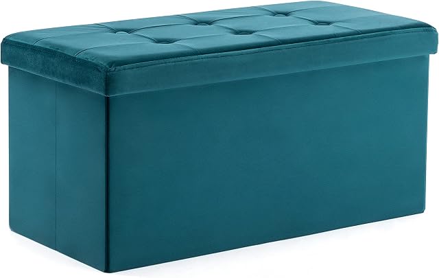 HNNHOME 82 x 40 x 40cm Velvet Pouffe Folding Storage Ottoman Footstool Box Toy Chest with Lid, Foldable Foot Stool Seat for Living Room, Bedroom (Teal, Large)