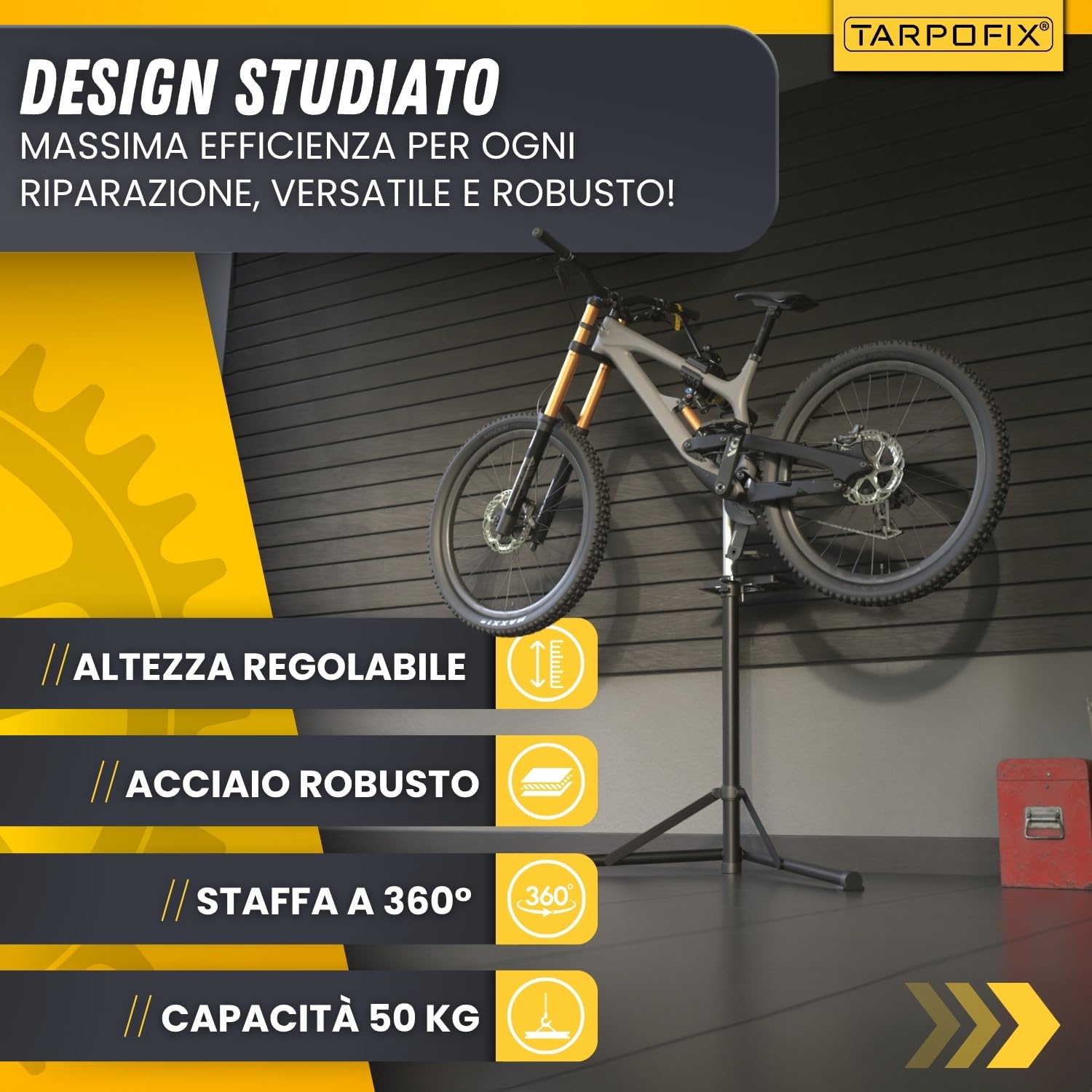 Tarpofix® Cavalletto Manutenzione Bici fino a 50kg | Stabile e Regolabile per Bike ed E-Bike | Supporto Manutenzione Bici Professionale per Riparazioni Bicicletta