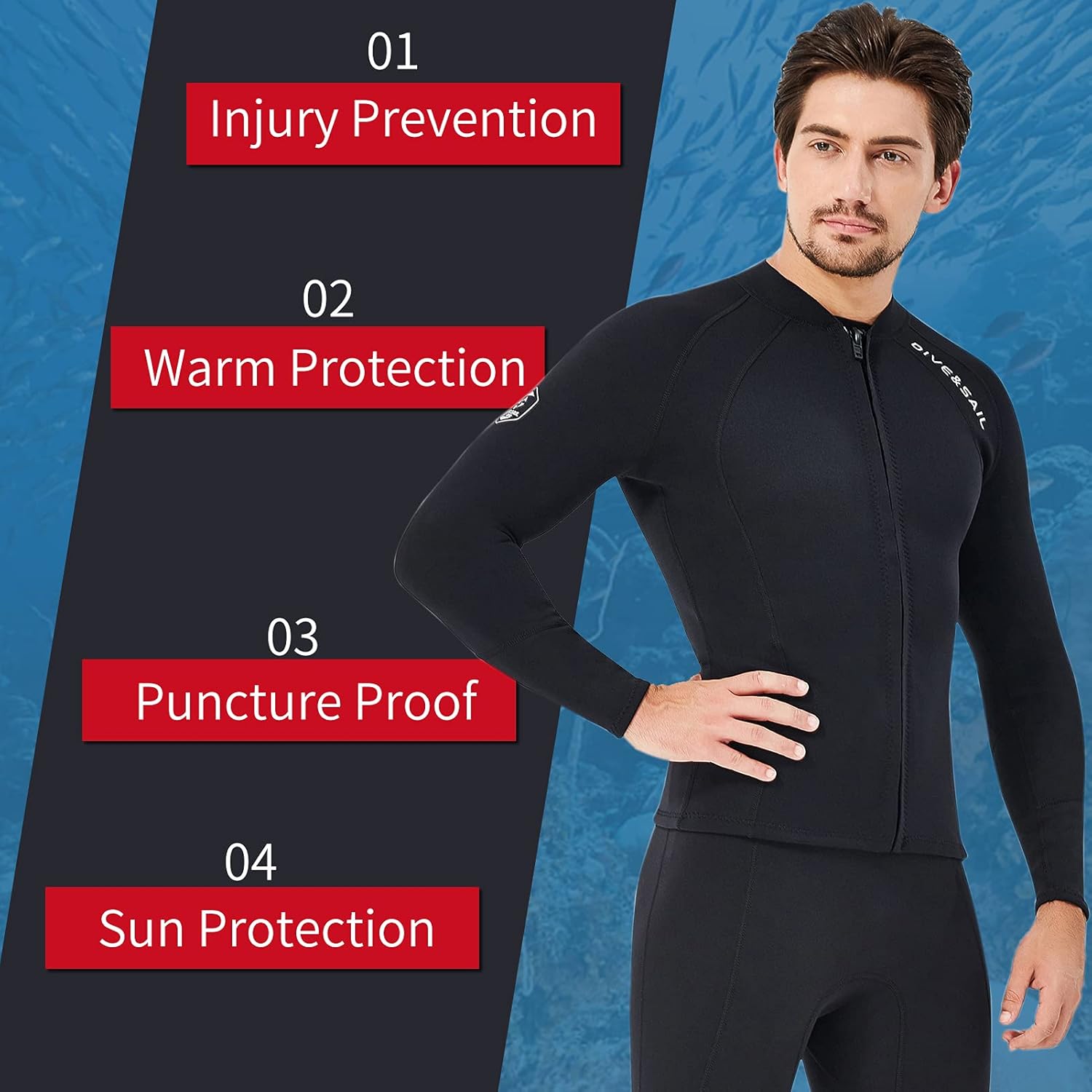 HXBER 2mm Neoprene Men Women Diving Top with Front Zipper Wetsuits Jacket Long Sleeves Wetsuit Top for Snorkeling Diving Surfing Water Sports Swimming