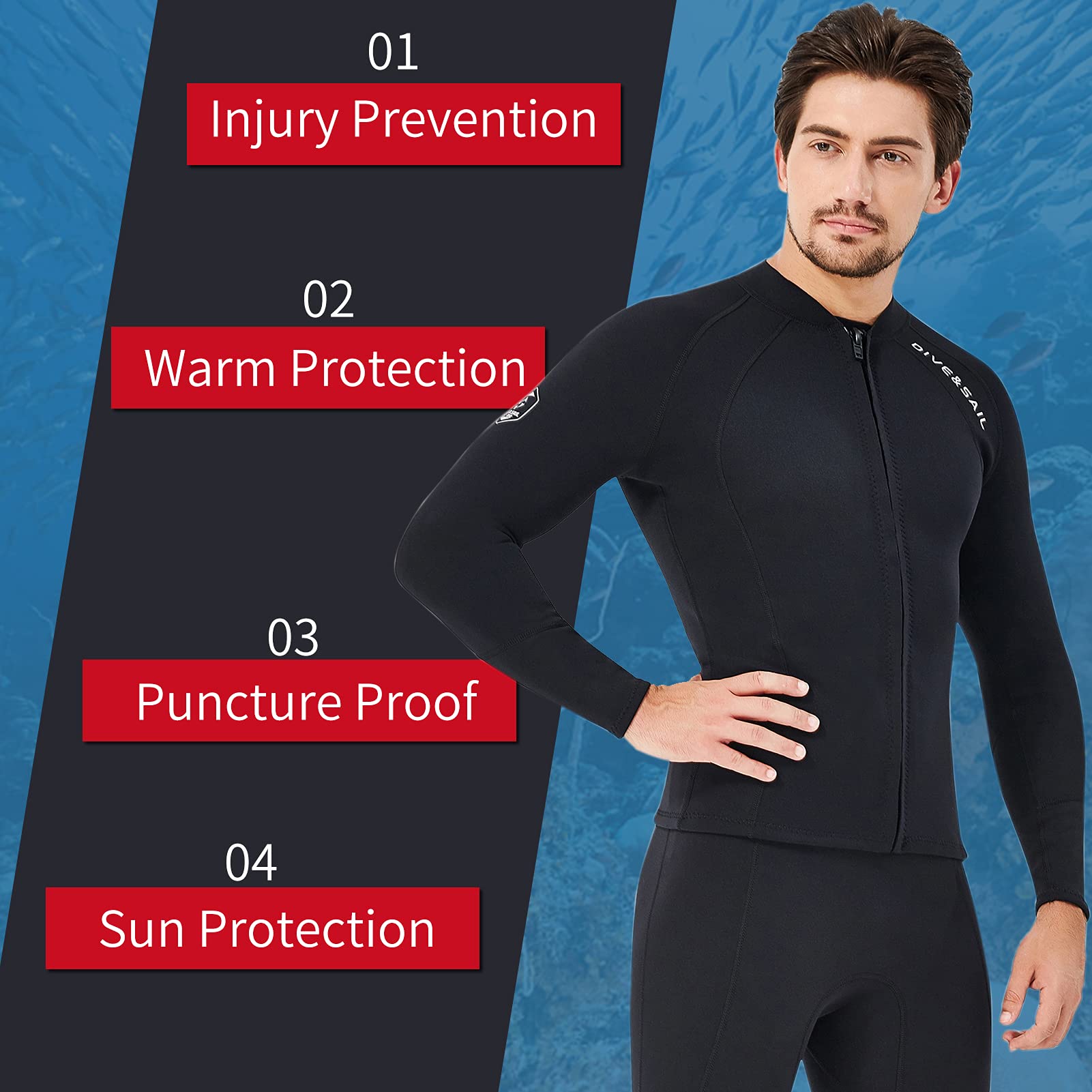 HUIOP 2mm Neoprene Uomo Donna Top da Sub con Cerniera Frontale Mute Giacca a Maniche Lunghe Top Muta per Snorkeling Diving Surf Sport Acquatici Nuoto,Muta