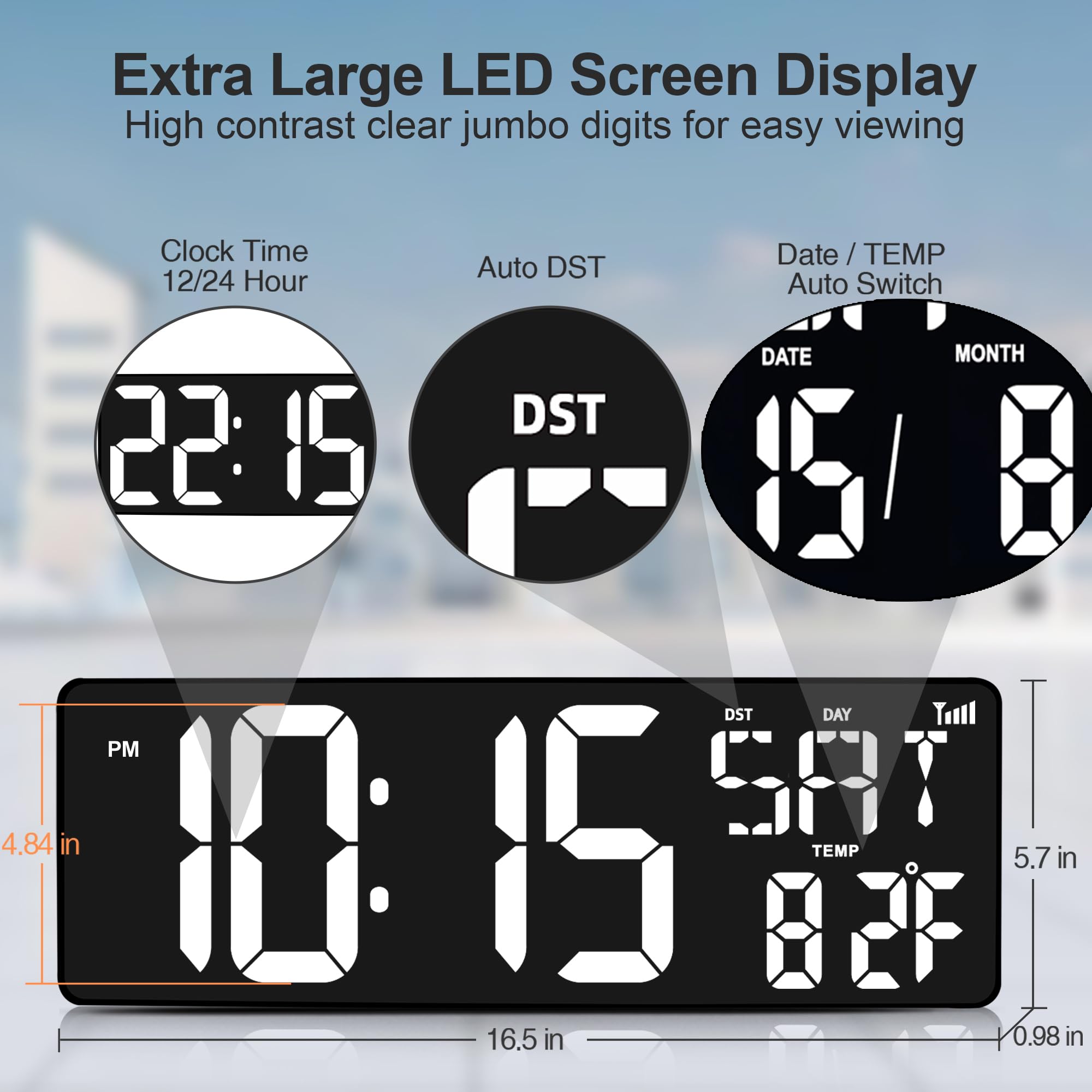 XREXS Orologio Parete 17'' LED Bianco Sincronizzazione Bluetooth | Luminosità regolabile, mostra ora, data e temperatura, calibrazione automatica, multifunzione per soggiorno e ufficio