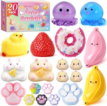 20Pcs Taba Squishy Pack Fidget Toys, Include Squishies Chick, Cat Paws, Hamster, Strawberry Toys, Sensory Toys for Kids, Classroom Birthday Gifts, Goodie Bag Stress Relief Toys 11big+9small