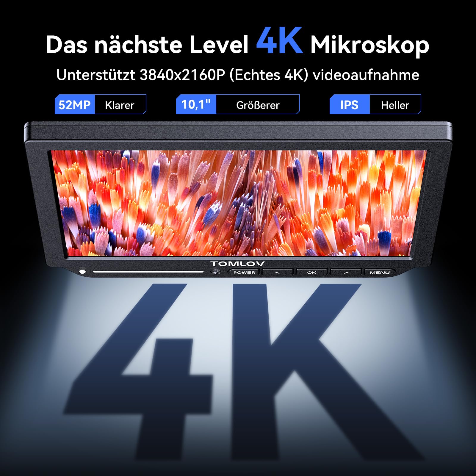TOMLOV TM4K-AF Max Autofokus Digital Mikroskop 2000X, 4K 10,1" IPS-Schwenkarm-Lötmikroskop für Erwachsene, 52MP HDMI-Mikroskopkamera für Münzen und Löten, mit Ringlicht, PC/TV-kompatibel, 64GB