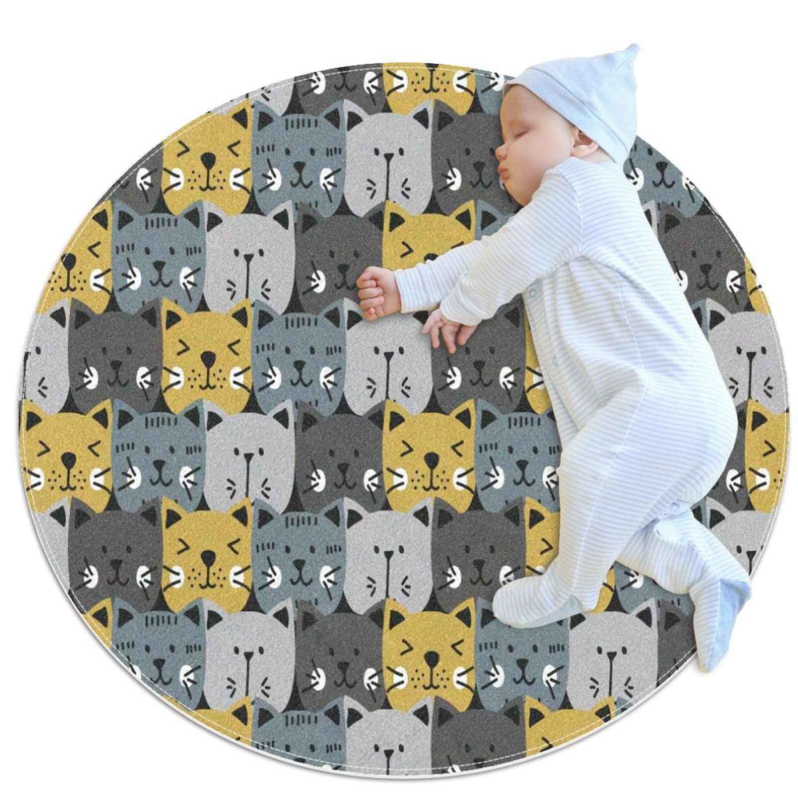 Tapis de salle de bain chat gris et jaune rond 1m antidérapant