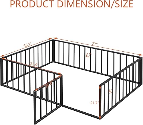 Miniatura 2 de Montessori - Cama de suelo de tamaño matrimonial, base de cama de suelo con valla de metal para niños con puerta, listones completos, plataforma con