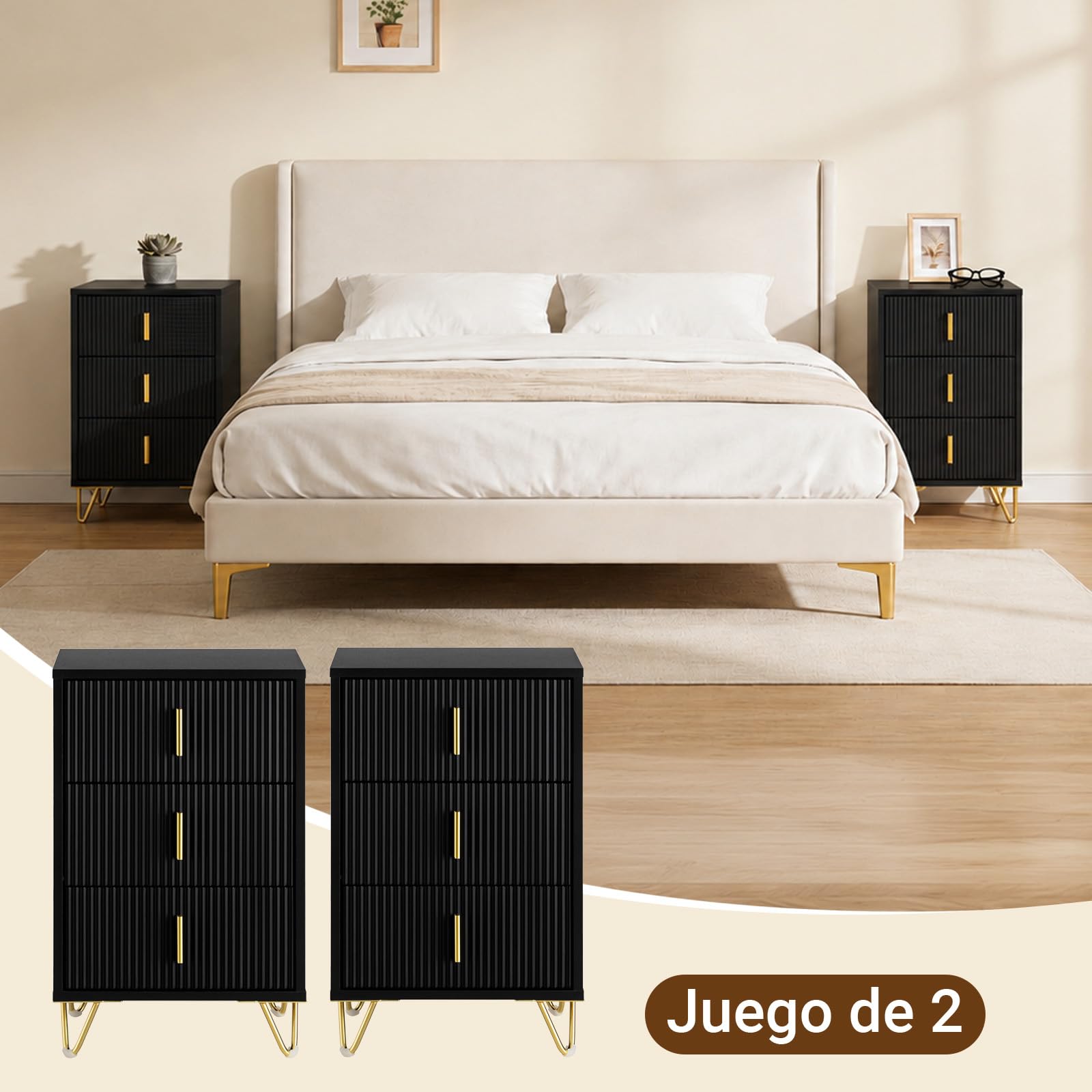 SoBuy Juego de 2 mesitas de Noche con 3 cajones, 40x40x63cm Dormitorio | Altura ergonómica 63 cm y carga 33 kg, mesa auxiliar moderna para espacios pequeños, color negro, FBT115-L-SCHx2