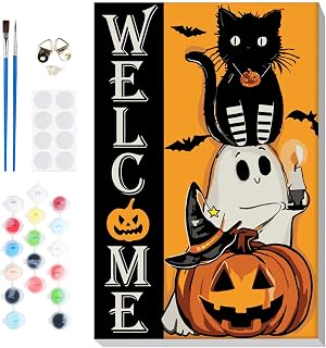 Lxmsja Halloween Pintar por Numeros Adultos con Marco, DIY Gato Negro Cuadros para Pintar Colorear por Números Lienzos, Pintura Acrilica Manualidades Adulto Decoracion Hogar Pared 20x30cm