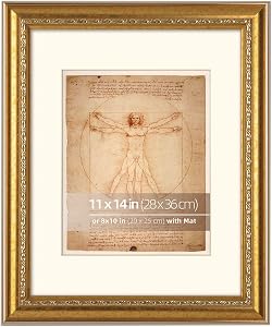 11x14 in Gold Scrollwork Motif Embossed Ornate Classic Picture Frame with High Gloss Rim, Matted for 8x10 inches Photos or artworks, Real Glass Protection