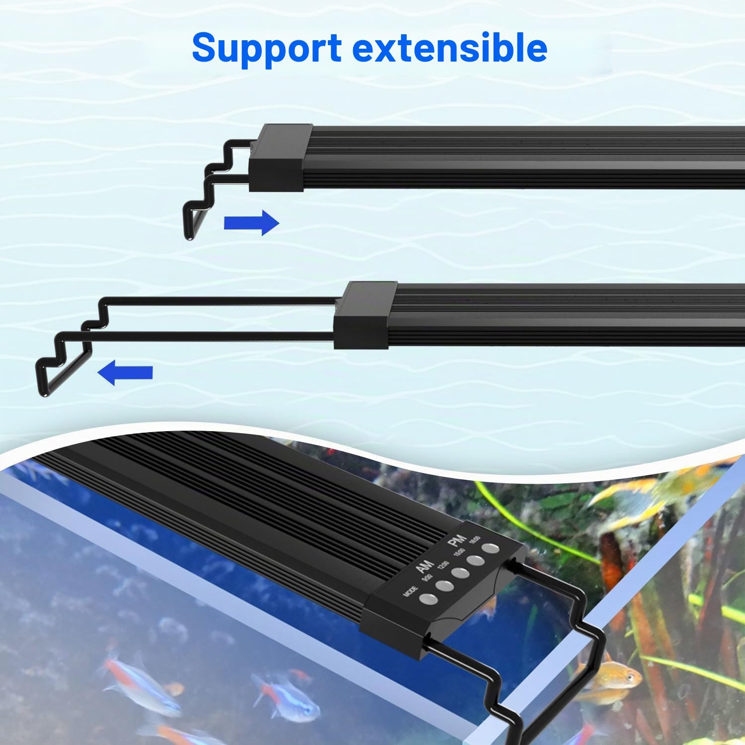 Éclairage LED pour aquarium - Spectre complet 24/7 - 10 niveaux de luminosité - Intensité variable - 45 W - Avec support extensible - Pour aquarium de 120 à 140 cm