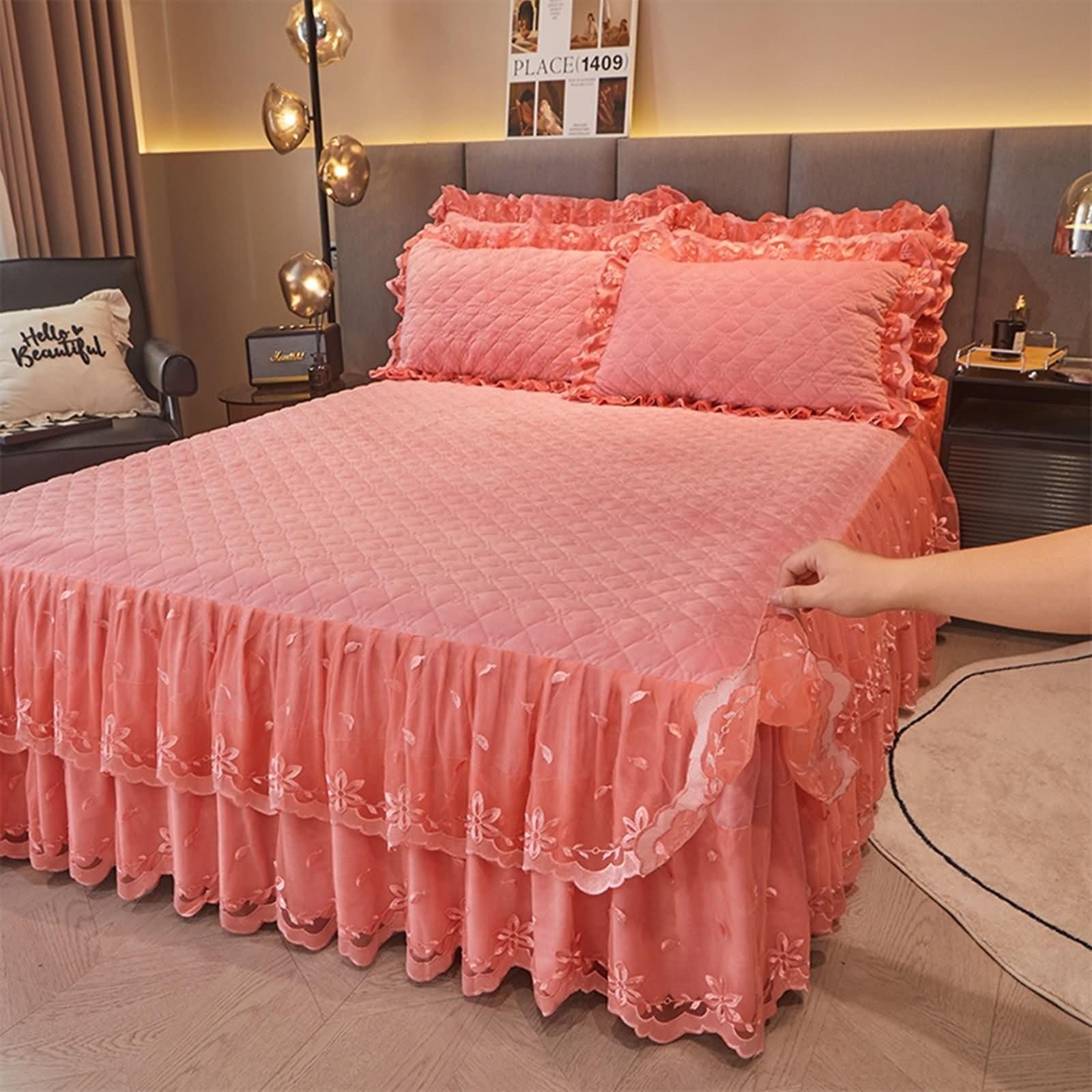 Spannbettlaken Topper, Spannbetttuch Rosa Unifarben mit Rautenmuster Samt 180x220cm