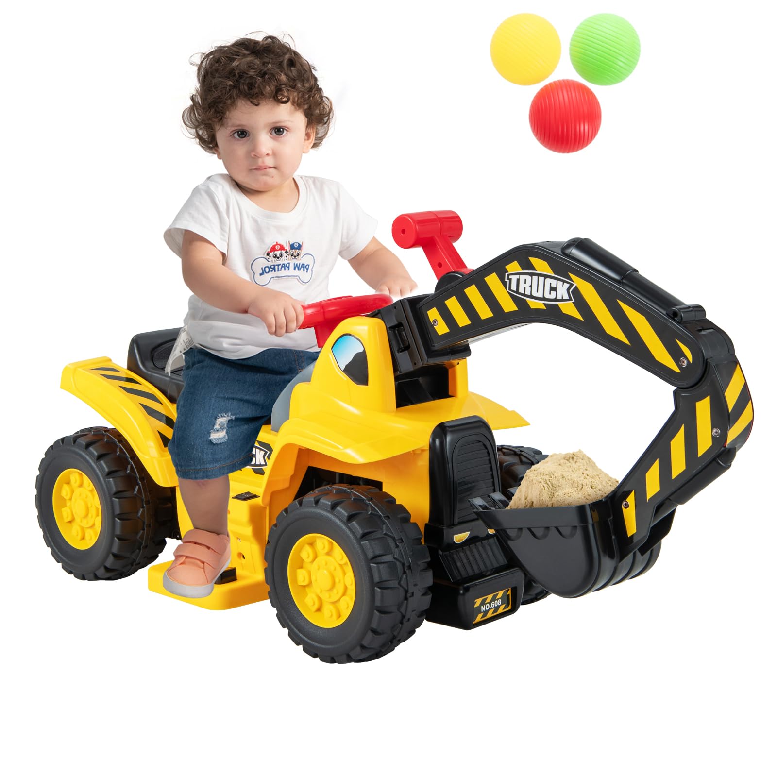DREAMADE Bagger zum draufsitzen, Elektro Sitzbagger mit internem Stauraum, Kinderbagger mit Basketballkorb & Sound & Hupe & 3 Bällen, Sandbagger Aufsitzbagger für Kinder ab 2 Jahren
