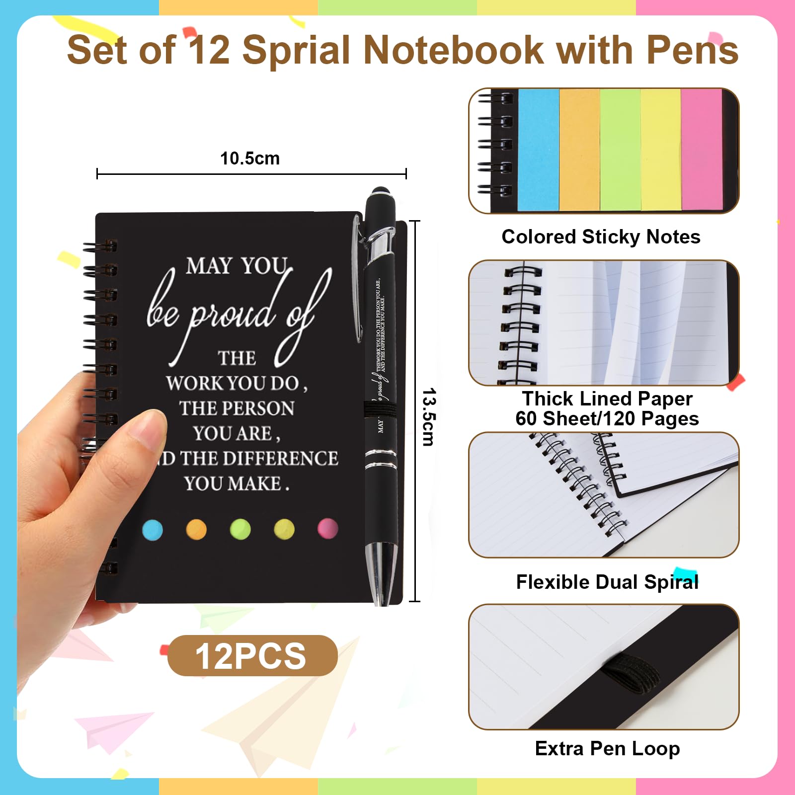 12 Sets Thank You Gifts, Employee Appreciation Gifts, Inspirational Notebooks With Sticky,Inspirational Pens And Gift Bags,Mini Motivational Notebooks for Teacher Student Staff Volunteer Gifts--Black - Image 3