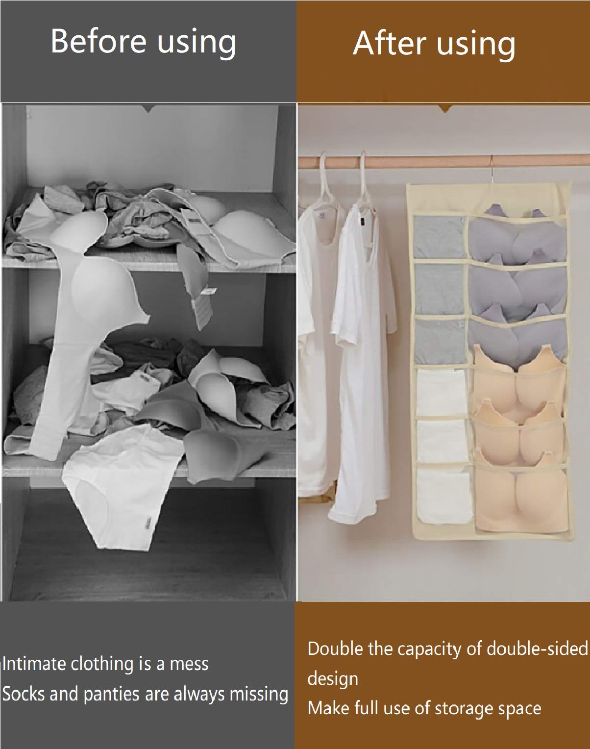 Hänge-Organizer mit Netztaschen und drehbarem Metallbügel, doppelseitiges Wandregal, Kleiderschrank-Aufbewahrungstaschen, Oxford-Stoff, platzsparende Tasche für BHs, Socken (weiß, 30 Taschen)