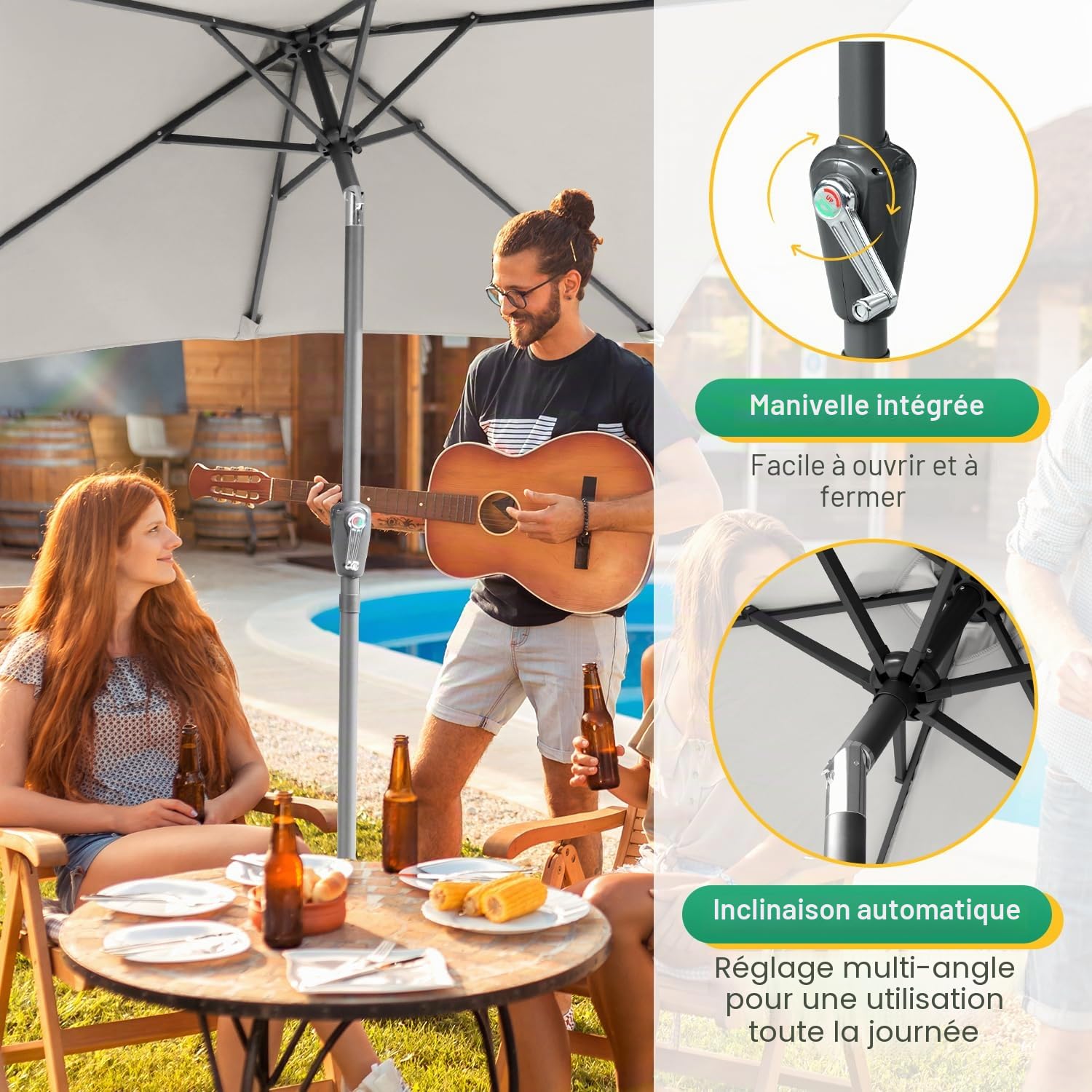 Daromigo Parasol rectangulaire - 210 x 140 / 300 x 200 cm - Avec manivelle - Protection solaire UV50+, pliable à 30 °C - Parasol de jardin imperméable pour jardin, sans support