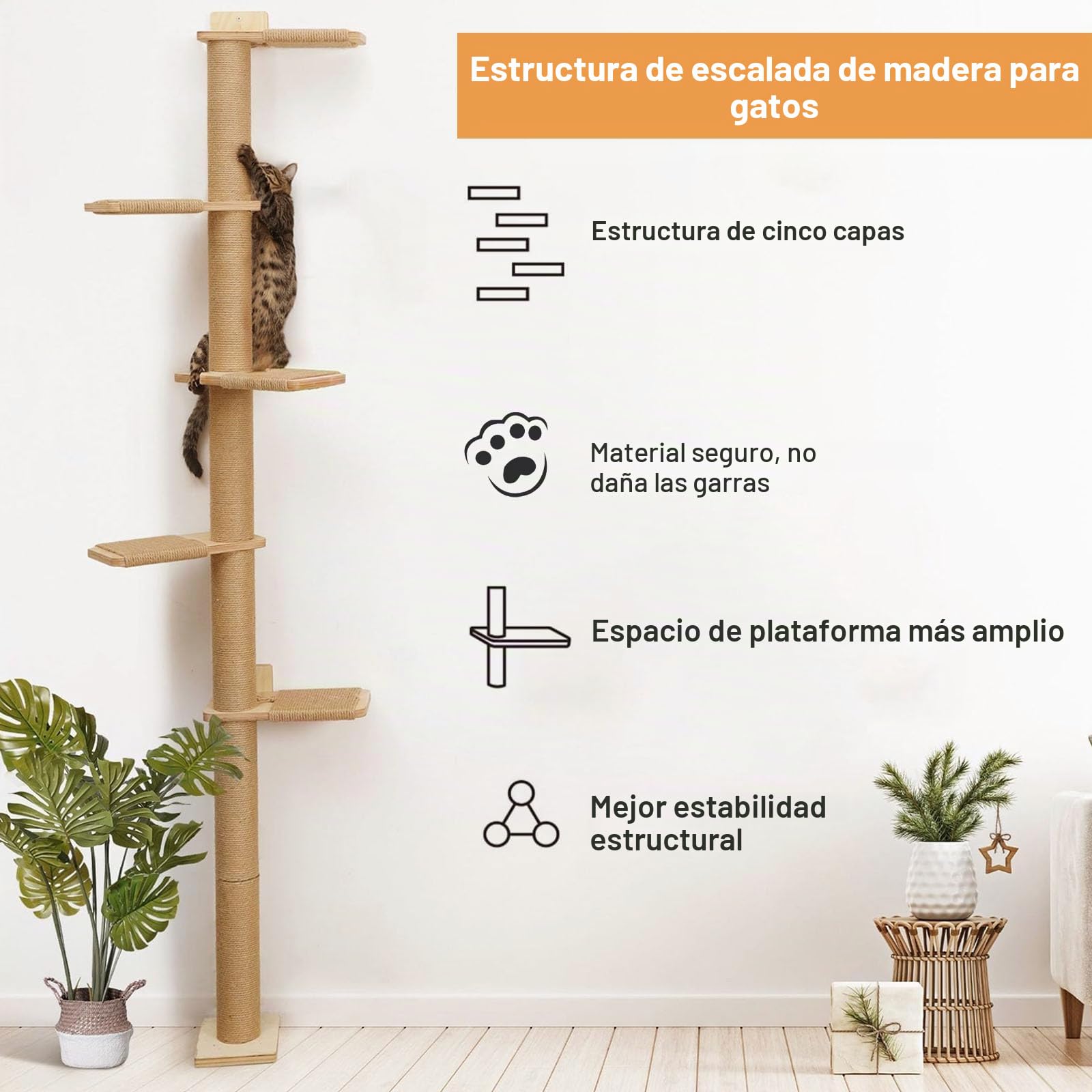 Árbol rascador de 5 niveles para gatos (206 cm), ajustable desde el suelo hasta el techo, estable montado en la pared con rascador, para gatos para escalar, rascar
