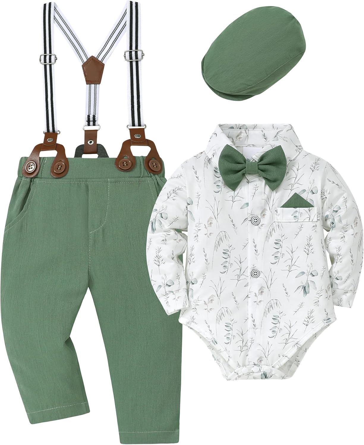 WESIDOM Baby Boy Clothes 0-18M Newborn Infant Gentleman Outfit, Shirt+Bowtie+Beret+Suspender Pant Baby boy Suit Clothing Set