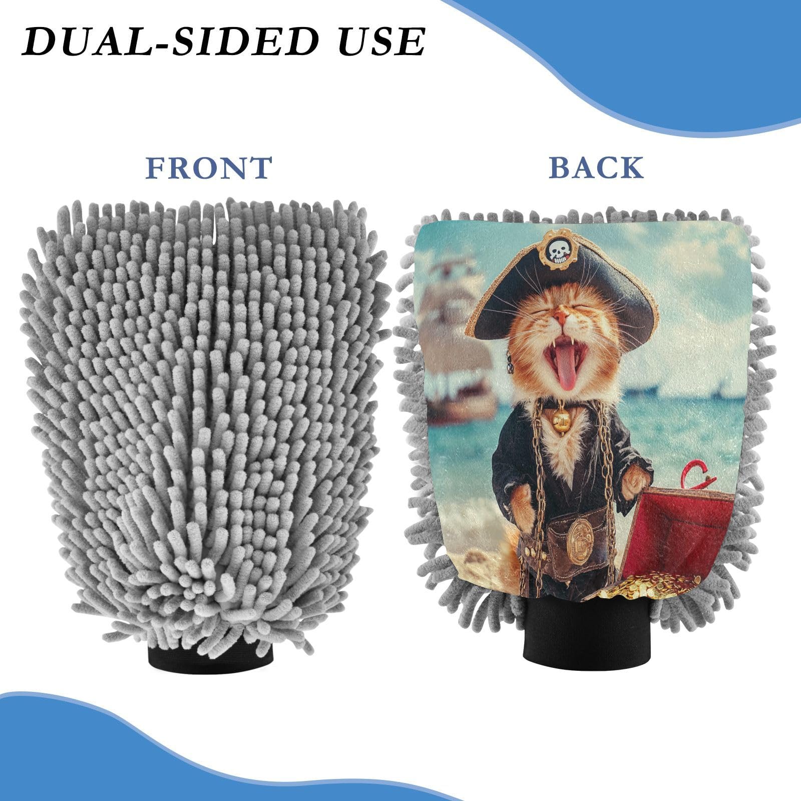 Hezely Pirate Cat Car Wash Mitt, 2PK Scratch Free Lint-Free for Car Washing and Detailing