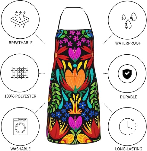 Miniatura 7 de Delantales florales mexicanos, delantal mexicano ajustable impermeable para cocina, barbacoa con 2 bolsillos, regalo mexicano para mujeres y hombres