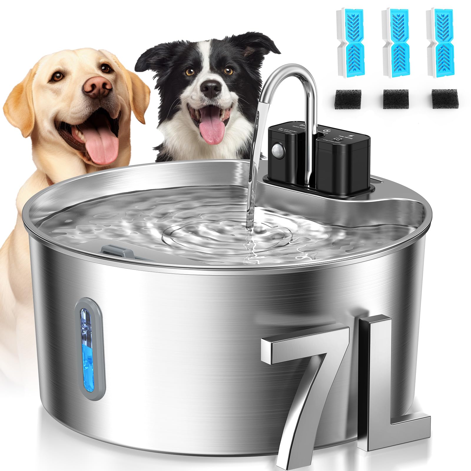 Voluas Dog Water Fountain: 1.8Gal/7L Wireless Stainless Steel Dog Fountain Bowl for Small to Large Dogs, Battery Operated Pet Water Dispenser Indoor