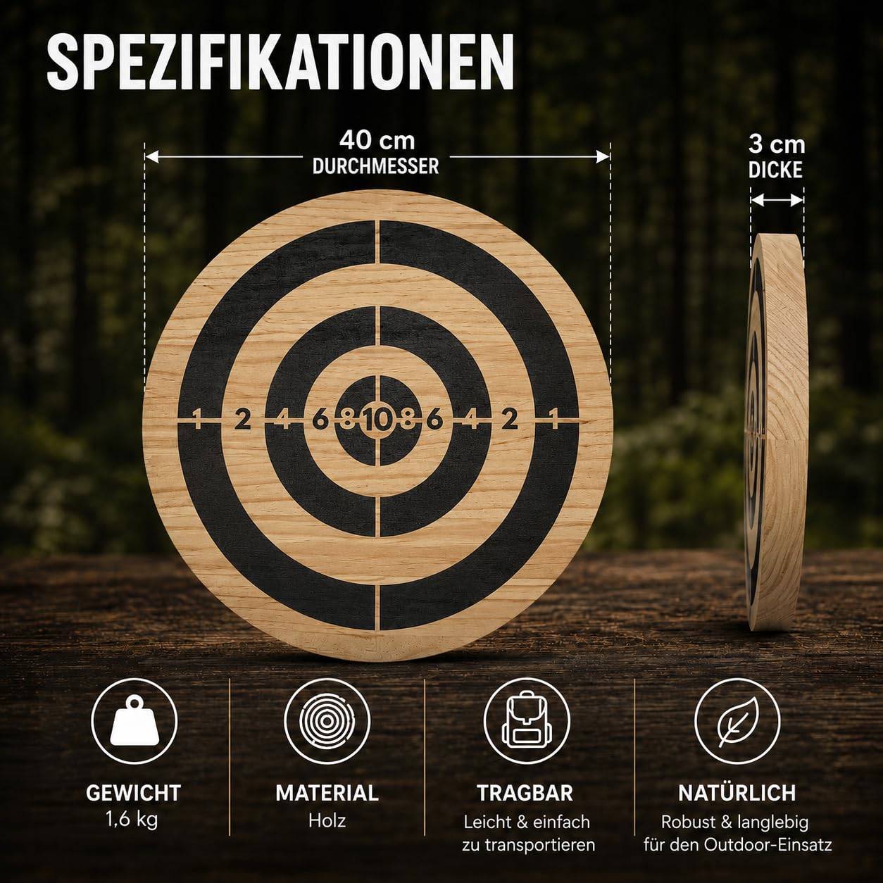 Holzzielscheibe für Wurfmesser & Wurfäxte – Ø 40 cm, 3 cm stark | 1,6 kg Trainingsscheibe aus Naturholz | Für Garten, Outdoor-Training & Wurfmesser-Sport | Kompakt & Transportfreundlich