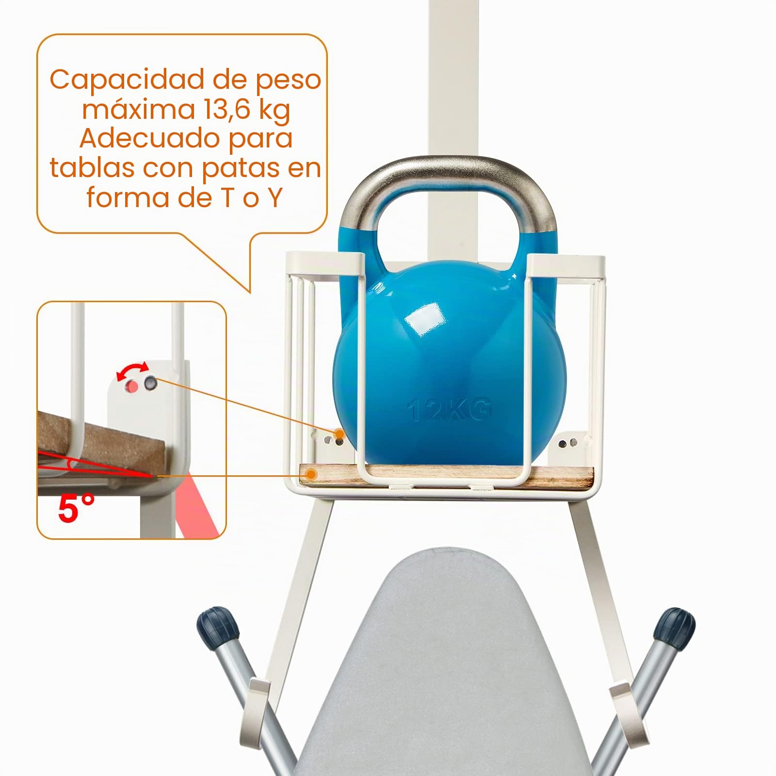 TJ.MOREE Soporte para tabla de planchar sobre la puerta/pared, soporte de almacenamiento para plancha y tabla de planchar, color blanco