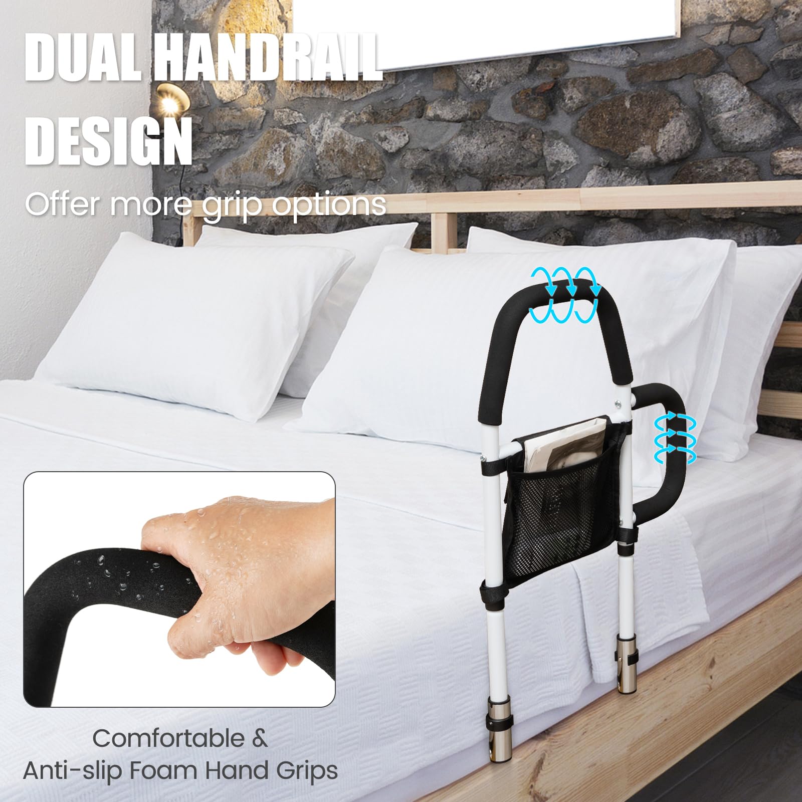 HOMASIS Sponda Letto Anziani, Sbarra Letto Anziani con Cinghia di Sicurezza e Borsa di Stoccaggio, Barriera per Letto in Metallo per Persone Disabili, Bambini, Portata 136 kg, Adatto a Varie Letto