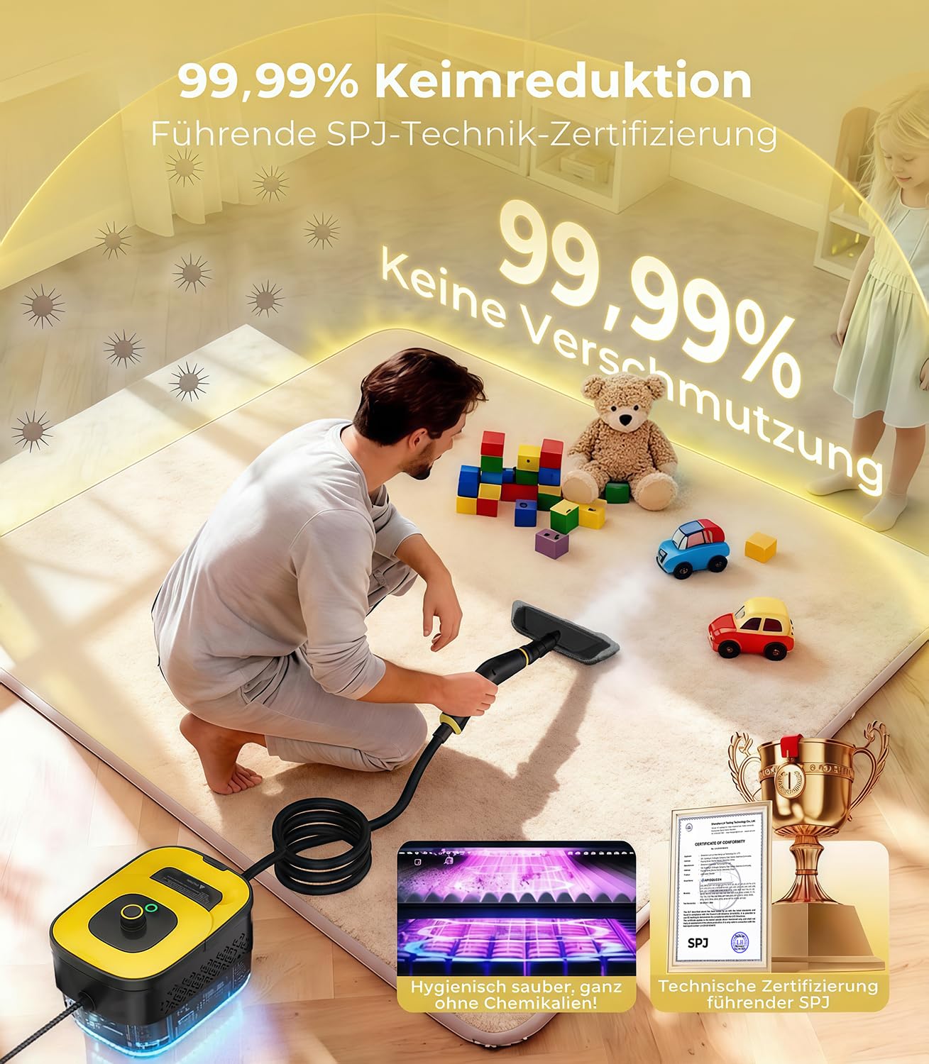 Dampfreiniger Handgerät mit 18-Teiligem Zubehör, 9s Turbo-Dampf mit 5 BAR Druck – 99,99% Reinigung & 100% Natürlich,Steam Cleaner für Boden, Küche, Bad, Fenster, Polster(Upgrade-Yellow)