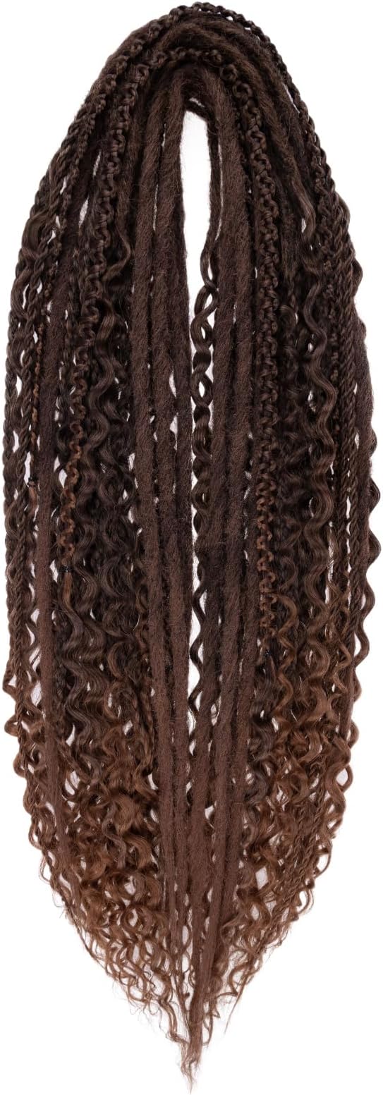 Leeven 30 Strands Double Ended Dreadlock Extensions 24 Inch Thin Synthetic Boho Dreads Ombre Brown 5 Style Mixed Full Set Wool DE Wavy Curly Hippie Dreads Braid in Soft Viking Dread for Women