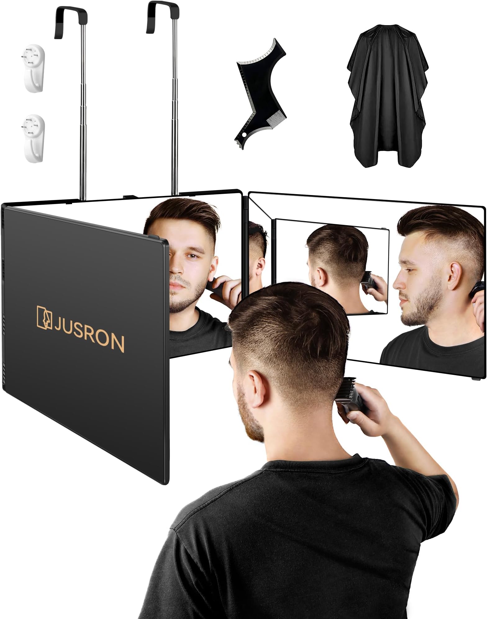 JUSRON 360 Viewing Angle Self Hair Cutting Mirror, Clear Anti-Fog HD Glass (Black Without LED with Accessories)