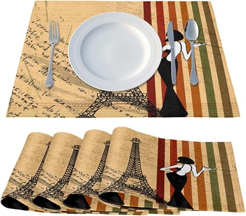 Miniatura 2 de Classic Paris Pattern Placemats Set of 4 Table Mats Washable Placemat Waterproof Place Mats for Party Home Dining Table Decor 18x12 in