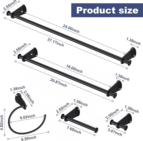 Miniatura 6 de Juego de accesorios de baño de 5 piezas, barra de toalla de baño de 24 pulgadas, toallero montado en la pared, soporte para papel higiénico, gancho
