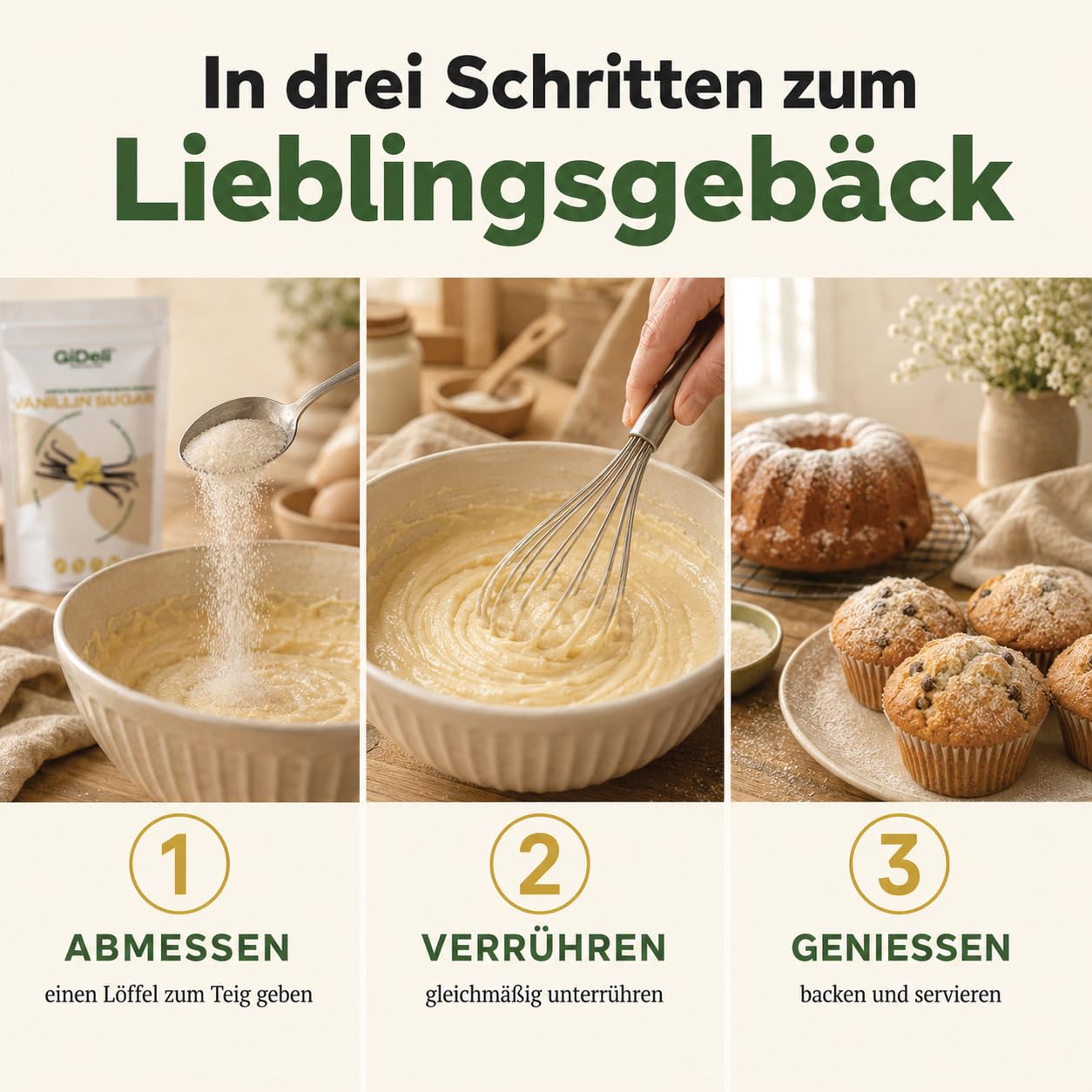 GiDeli Vanillinzucker 3x5kg - Feiner Vanillezucker zum Backen mit zartem Vanille Aroma - Vanillin Zucker für Kuchen, Plätzchen, Desserts, Sahne & Kaffee - Pure Süße - Vegan