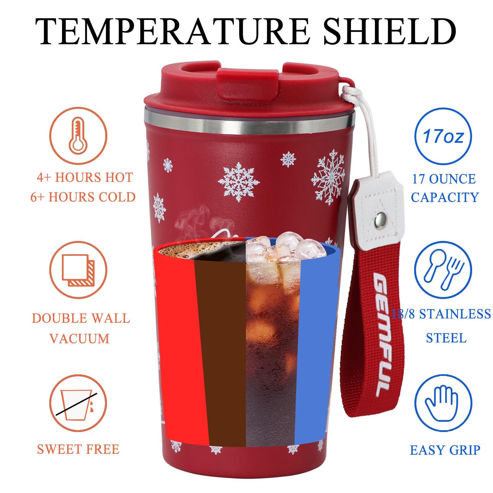 GEMFUL 510ml Stainless Steel Christmas Travel Mug. Double-Walled, Leak-Proof, Keeps Drinks Hot for Hours. A Lovely Xmas Present(Red) - Image 3