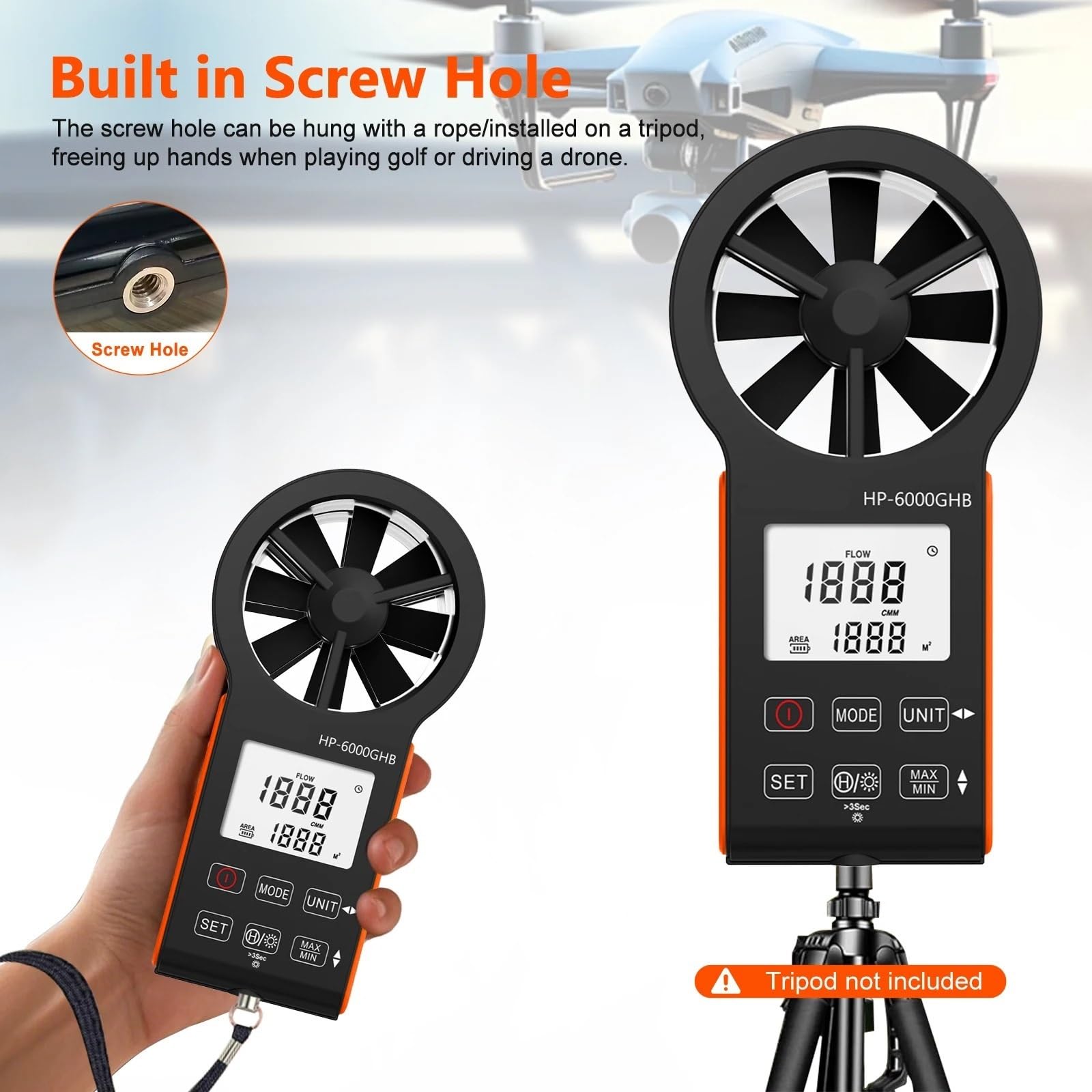 Anemómetro, Anemómetro digital portátil, medidor de velocidad del viento, CFM, medición volumen aire con retroiluminación LCD