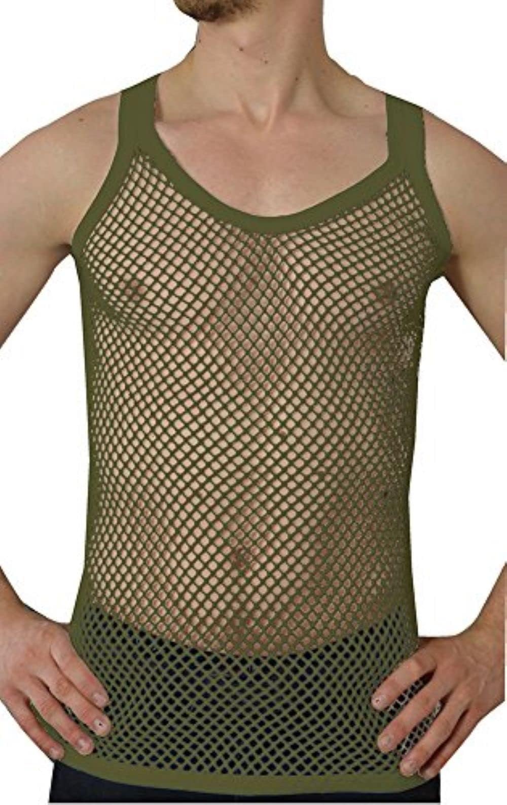 Mens Premium 100% Cotton Mesh Fishnet String Vest (Medium, Army Green)