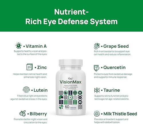 Miniatura 3 de VHC Vitaminas para los ojos con luteína, arándano y zinc, suplementos 10 en 1, resveratrol semilla de uva, quercetina, taurina, cardo mariano,