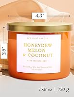 Vista 4 de Honeydew - Vela perfumada de melón y coco Velas de soja grandes de 3 mechas para el hogar de 15.8 onzas Vela de verano fresca y tropical frutal