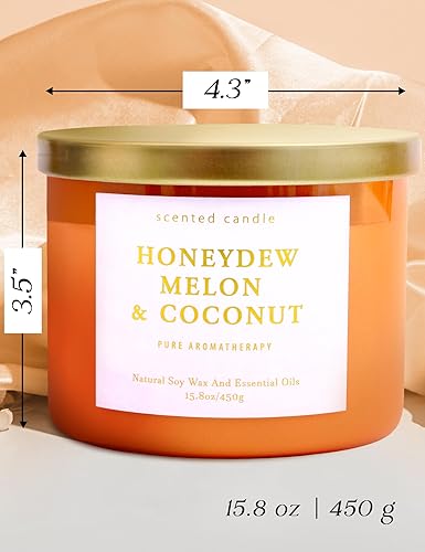 Miniatura 4 de Honeydew - Vela perfumada de melón y coco  Velas de soja grandes de 3 mechas para el hogar de 15.8 onzas  Vela de verano fresca y tropical frutal,