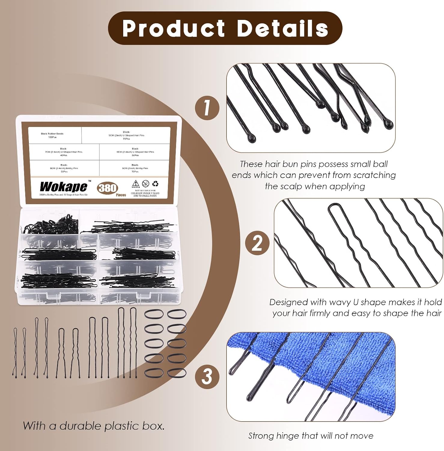 Wokape 380Pcs 2 Inch Black Bobby Pins and 2.4 Inch U Shaped Hair Pins with Black Rubber Bands Soft Elastic Bands Assortment Kit - Image 5