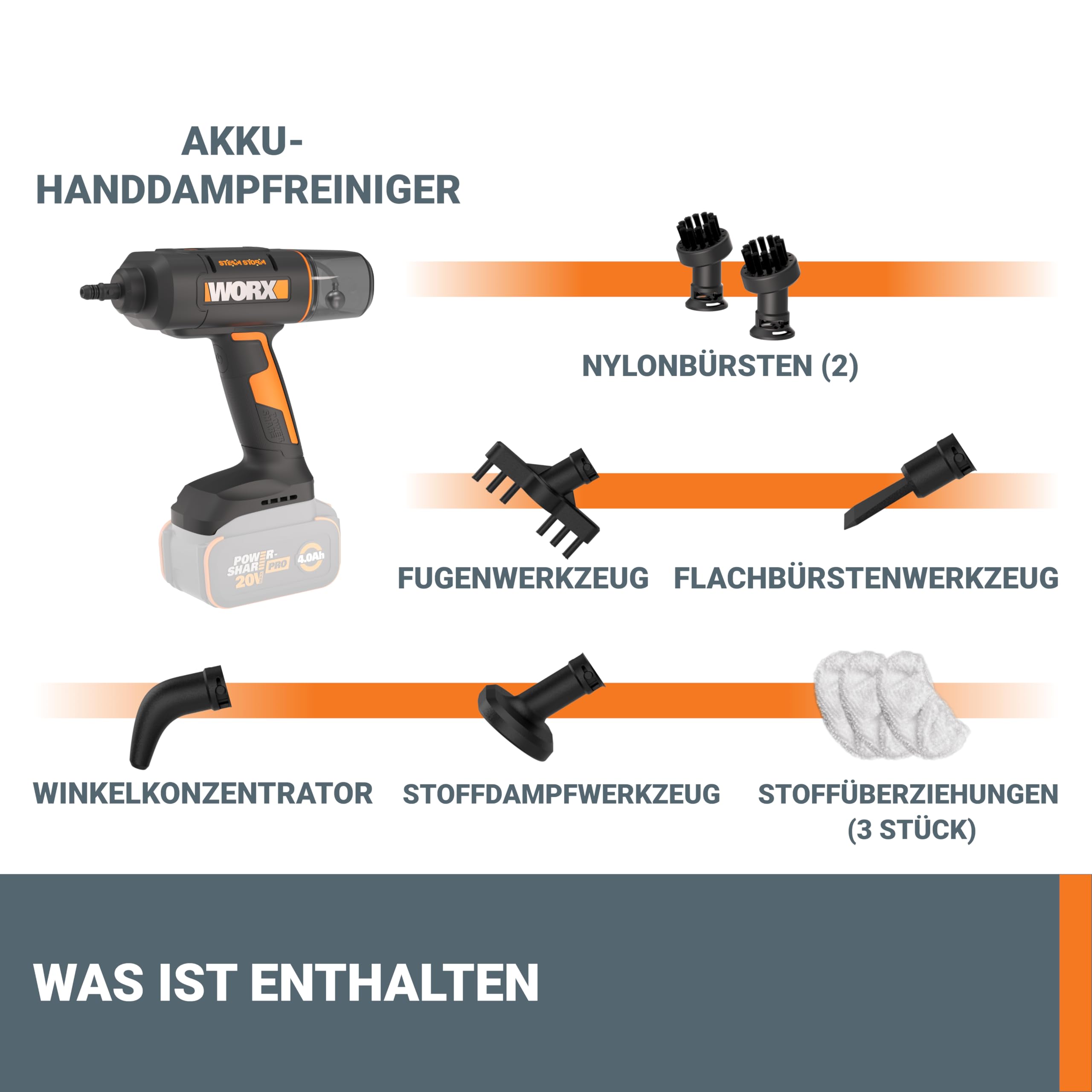 WORX 20V kabelloser Handdampfreiniger WX770.9, ohne Akku & Ladegerät | Dampfreiniger für 220°F, tötet Keime, 8-Sekunden-Vorheizung, leichter und tragbarer Dampfreiniger für Zuhause & Auto, leicht