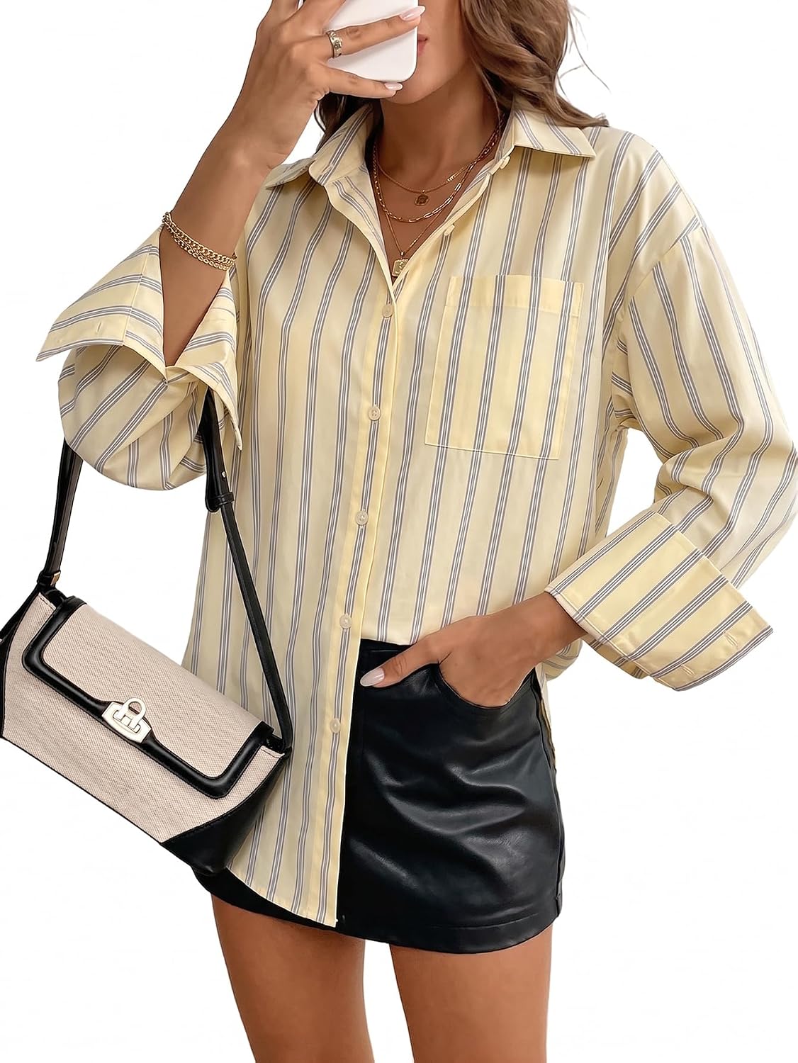 Women's Oversize Collar Button Down Long Sleeve Work Blouse Top