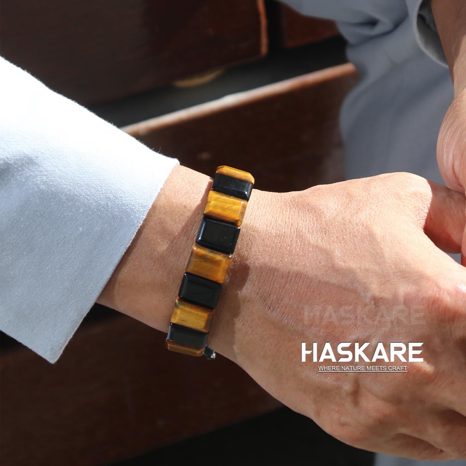 HASKARE Herren Naturstein-Armband Set – Schutz Kristall Howlith Obsidian Tigerauge-Armband handgefertigt verstellbar maskuliner spiritueller Schmuck, Geschenk für ihn Vater zu Geburtstag – Stressabbau