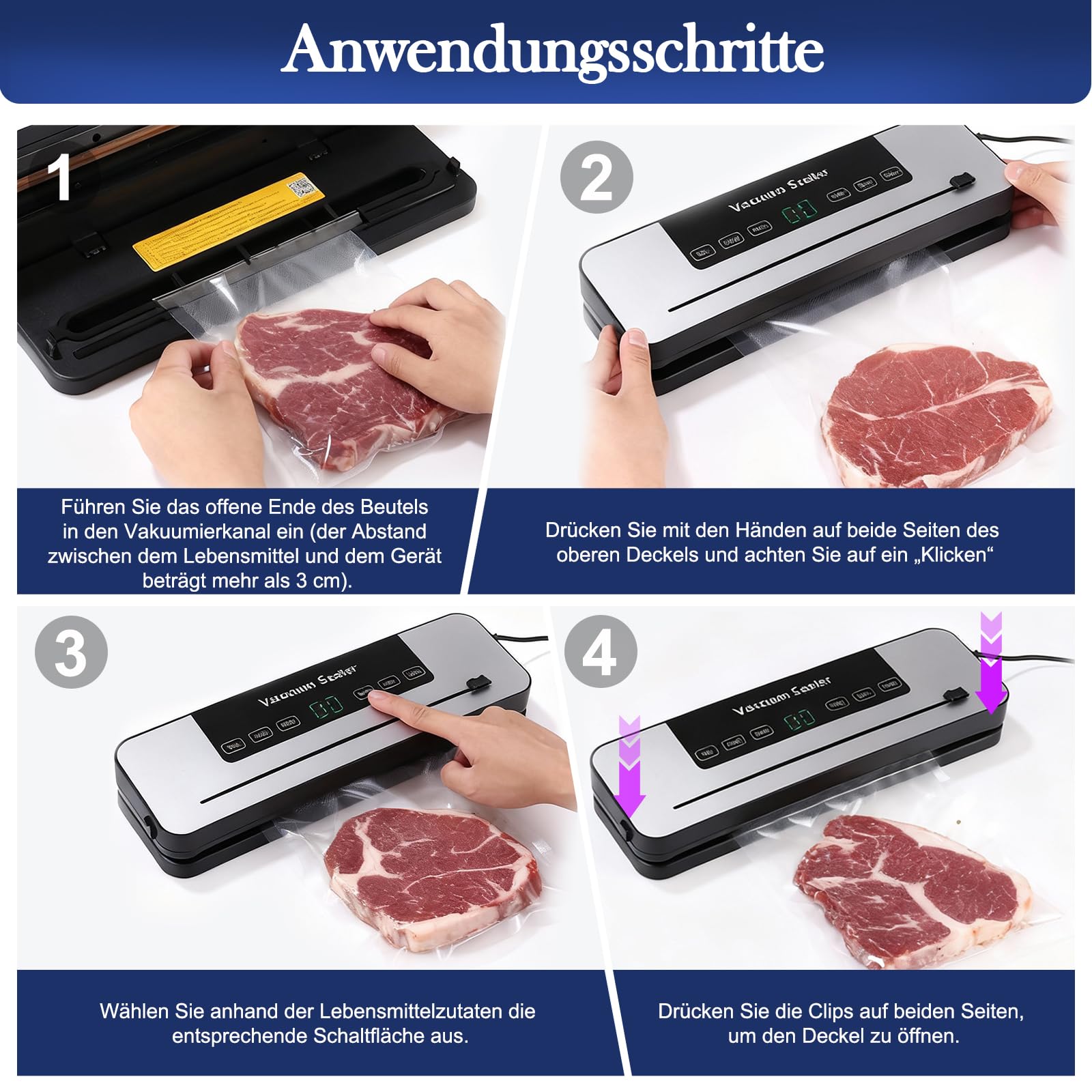 Vakuumiergerät 5 in 1, 50 Vakuumbeutel, Trocken- und Nassversiegelungsmodus