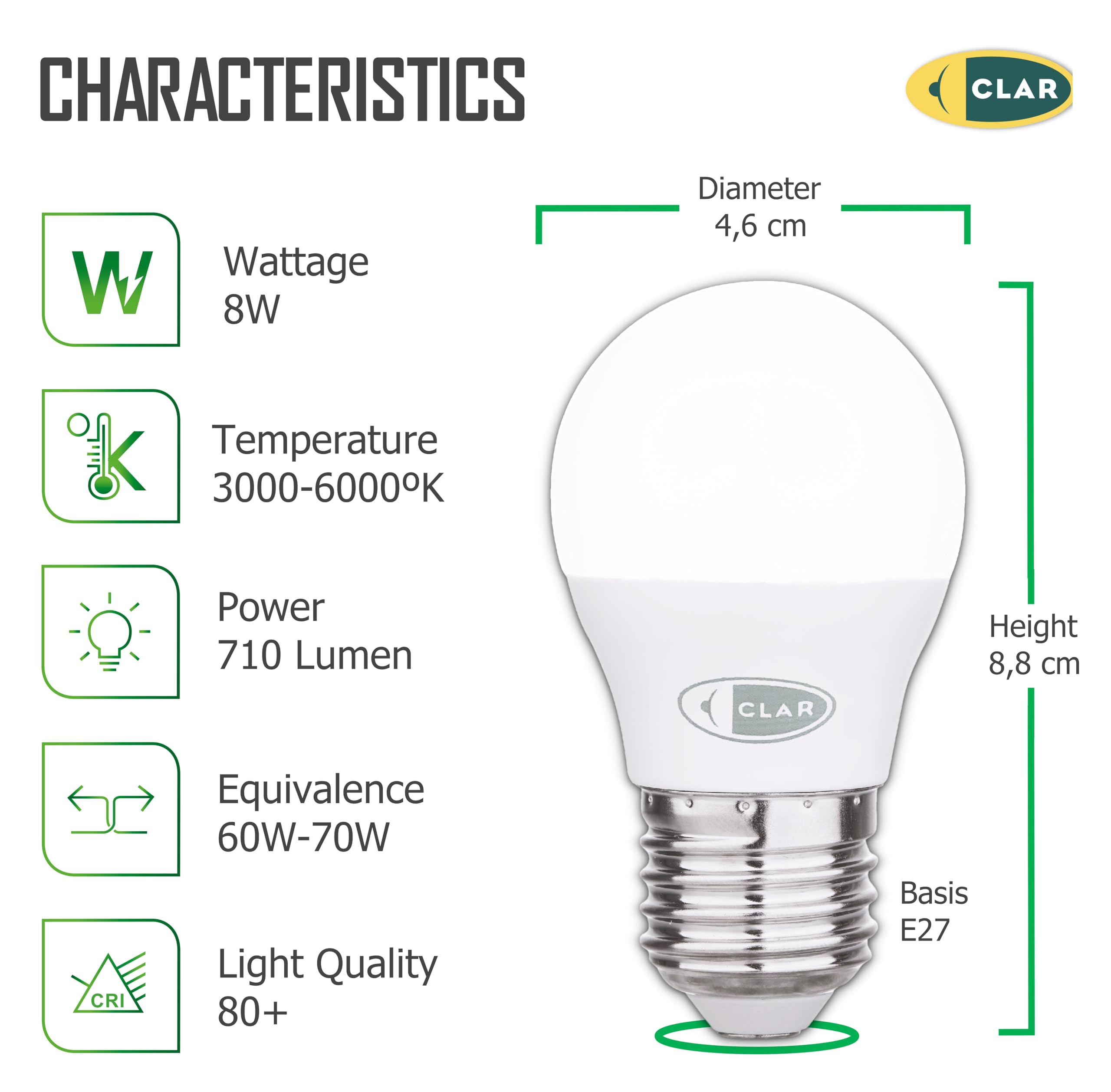 CLAR - E27 LED Kaltweiss, LED E27 Kaltweiß, Glühbirne E27, E27 LED, LED E27, LED Birne E27, LED Glühbirne E27, Led Lampe E27, LED Lampe E27, E27 Kaltweiss, Glühbirne 60 Watt, 8W 6000K (Pack 100)