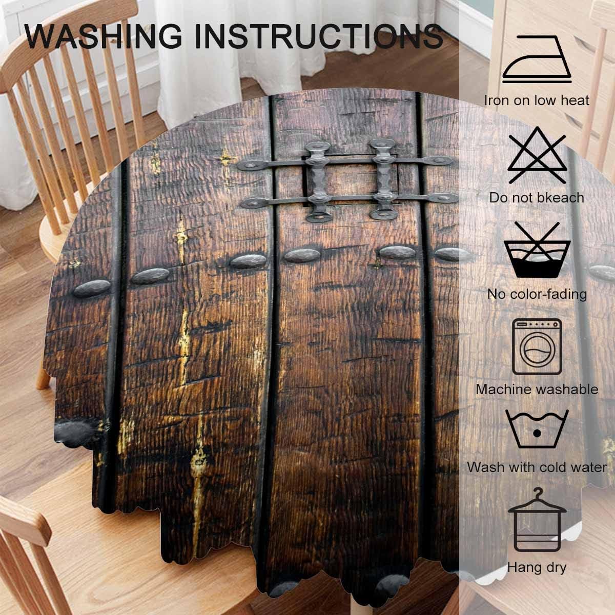 Yibeas Table Cloth Ancient Wooden Door Round Tablecloth 60 Inch Medieval Background Metal Closed Architectural for Tables Small Cover for Outdoor image 4