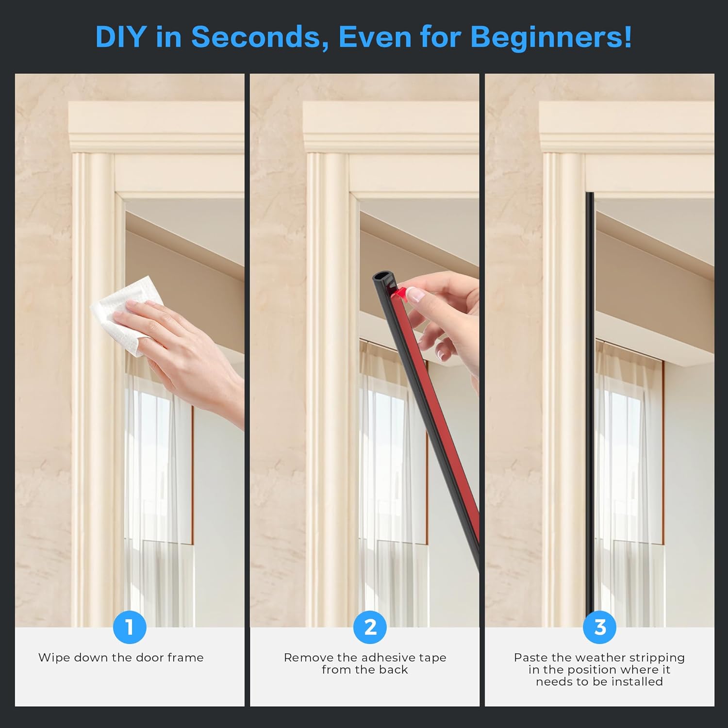 Silicone D-Shaped Weather Stripping Door Seal, 23FT Self Adhesive Door Insulation Strip, Fits Gaps up 1/8" to 1/4", for Door Frame & Window Seal (Black, 3/8" W × 1/4" T)
